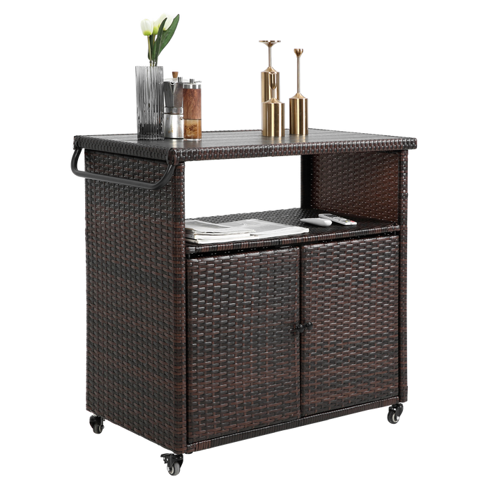 Outdoor Wicker Bar Cart with Glass Top and Wheels - Light Brown