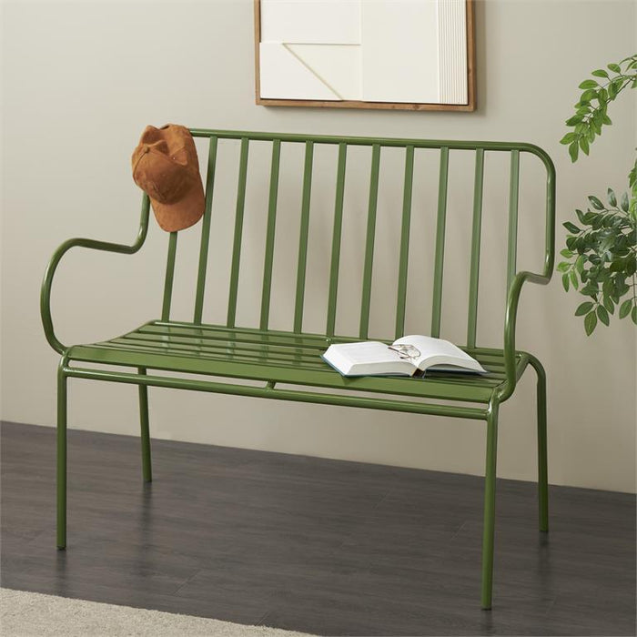 Green Metal Slatted Outdoor Bench with Curved Armrests