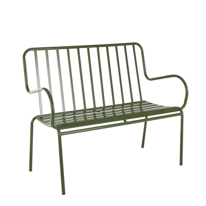 Green Metal Slatted Outdoor Bench with Curved Armrests