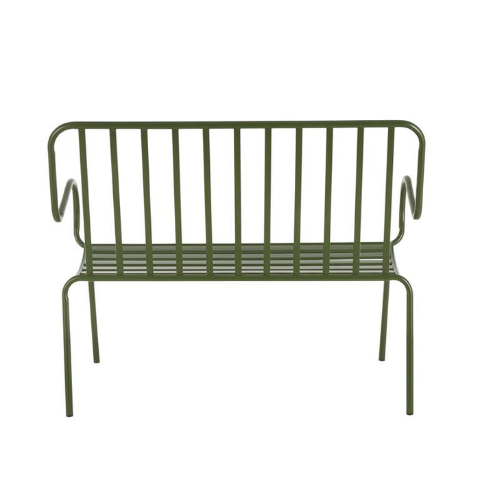 Green Metal Slatted Outdoor Bench with Curved Armrests