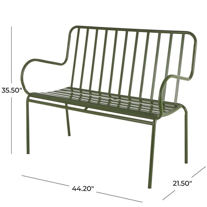 Green Metal Slatted Outdoor Bench with Curved Armrests