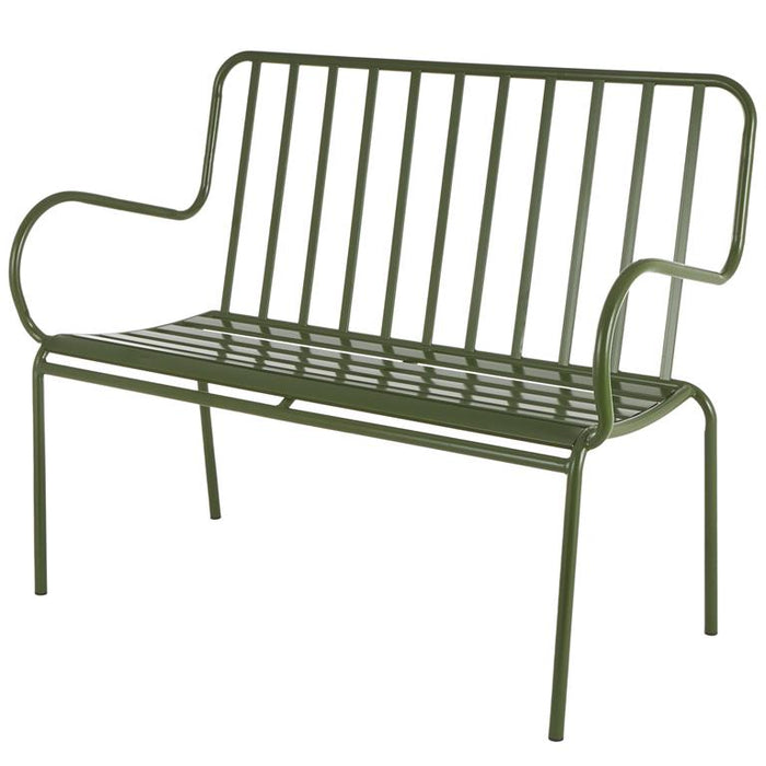 Green Metal Slatted Outdoor Bench with Curved Armrests