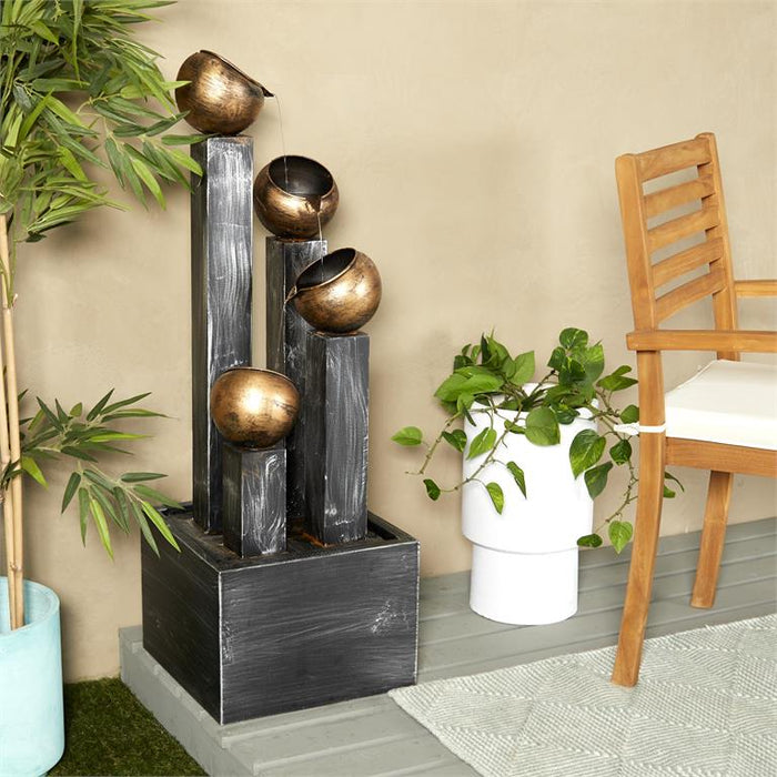 Dark Gray Metal Whitewashed Elevated Pillar Fountain with Round Copper Pots