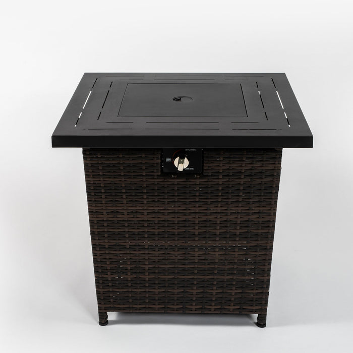 28-Inch Black Wicker Outdoor Propane Gas Fire Pit Table with Steel Top and 50,000 BTU Heat Output
