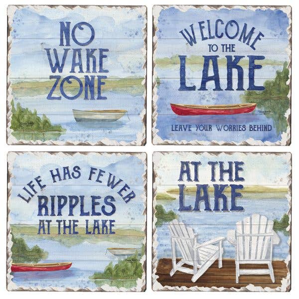 At The Lake Assorted Image Tumbled Tile Coaster 4 Pack