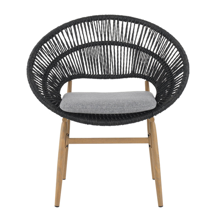 Cyril Outdoor Wicker Papasan Style Dining Chair with Teak Finished Leg and Dark Gray Faux Rattan - Set of 2