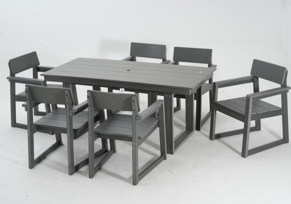 grey patio table with umbrella hole 7-Piece HDPE Outdoor Dining Set for 6 – Weather-Resistant Patio Table — Outdoor Rooms by Design