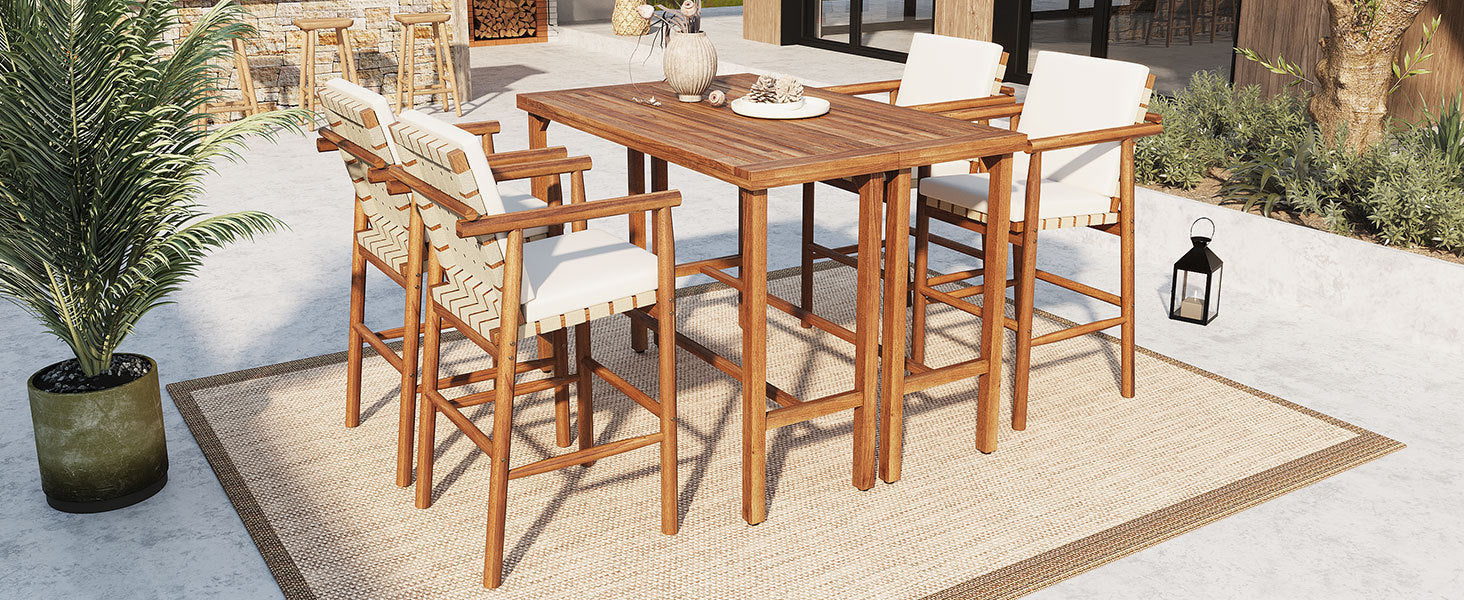 6 Piece Outdoor Bar Set with Acacia Wood Table & Cushioned Stools
