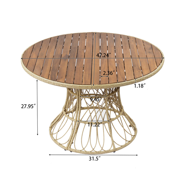Durable Outdoor Dining Table with Round Acacia Wood Top and Wicker Base