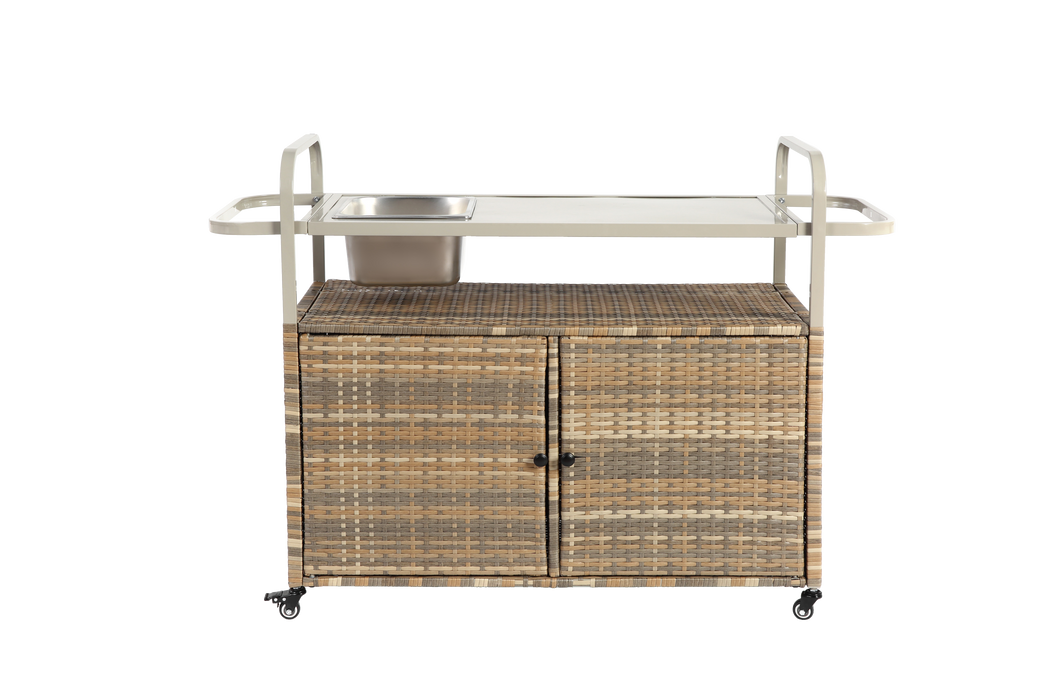 Outdoor Bar Table with Wicker Cabinet and Steel Top