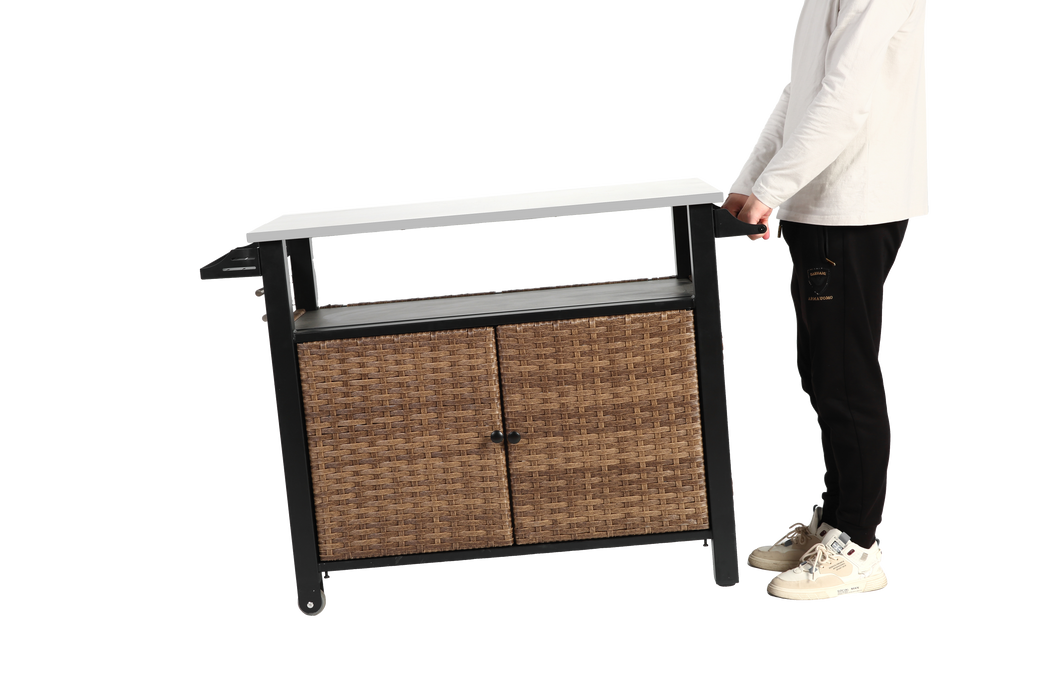 Outdoor Kitchen Wicker Island Rolling Cart & Storage Cabinet Brown