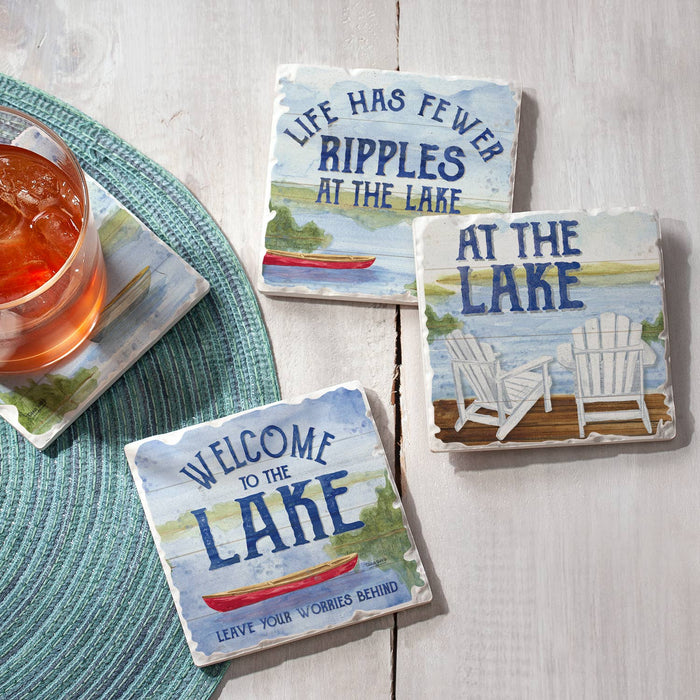 At The Lake Assorted Image Tumbled Tile Coaster 4 Pack