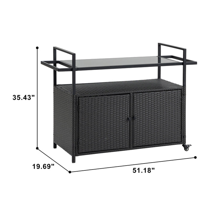 Outdoor Wicker Bar Cart with Glass Top and Wheels