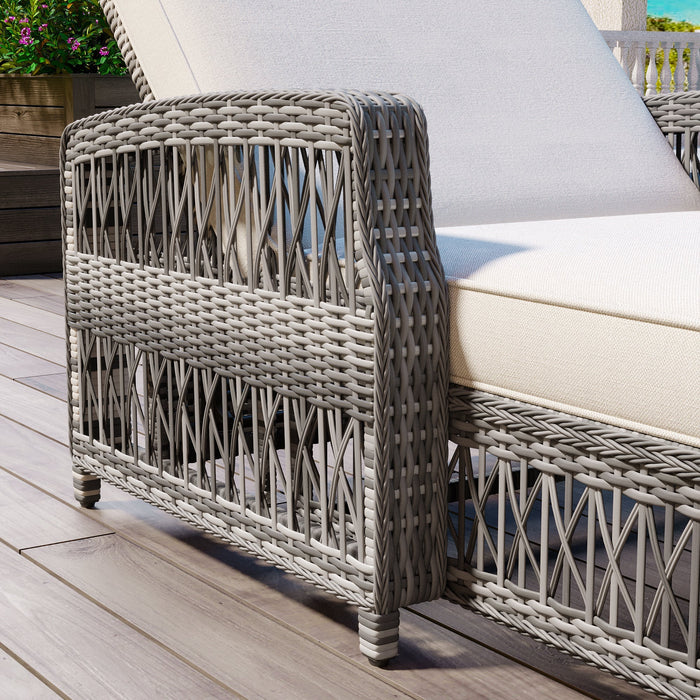 GO 2 Pieces Long Reclining Chaise, Outdoor Wicker Lounge with Armrests, Patio Adjustable Recliner with Soft Removable Cushions, All Weather Rattan Pool Lounge for Poolside & Garden, Beige
