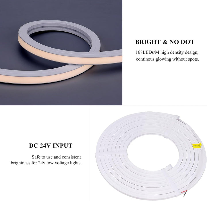 SLN01 Dotless COB Neon LED 16.4FT (5M) Strip Light DC24V 40-60W IP67 4x10mm, 10x10mm, 6x12mm Outdoor Rated Dimmable Low Voltage Silicone Strip Light