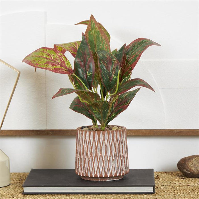 Green Faux Foliage Croton Artificial Plant with Geometric Patterned Pot and Decorative Pebbles