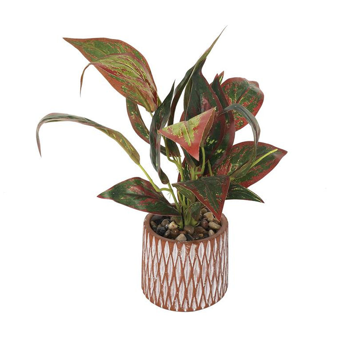 Green Faux Foliage Croton Artificial Plant with Geometric Patterned Pot and Decorative Pebbles