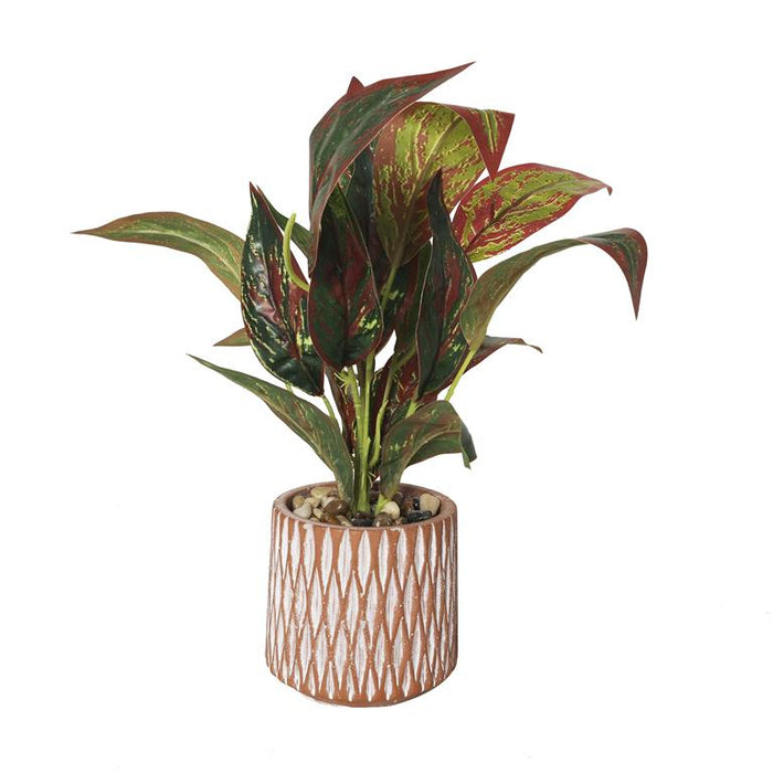 Green Faux Foliage Croton Artificial Plant with Geometric Patterned Pot and Decorative Pebbles