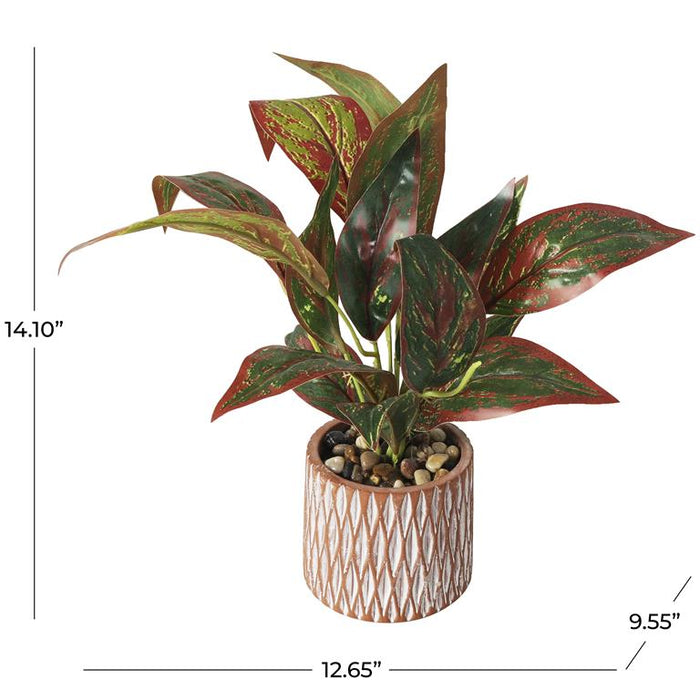 Green Faux Foliage Croton Artificial Plant with Geometric Patterned Pot and Decorative Pebbles