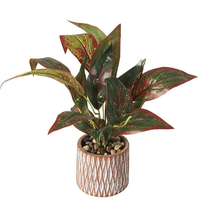 Green Faux Foliage Croton Artificial Plant with Geometric Patterned Pot and Decorative Pebbles