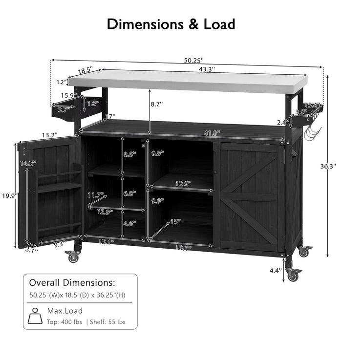 K&K Outdoor Kitchen Island with Rolling Bar Cart and Storage Cabinet