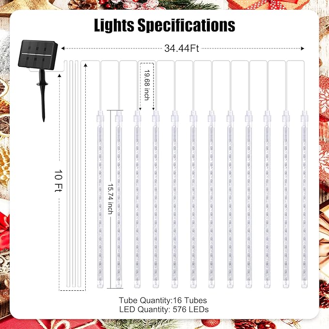 Solar Meteor Shower Lights Outdoor - 576 LED Rain Drop Lights with 16 Tubes, 16 Inches - Solar Powered Christmas Decorations for Tree Bushes Holiday Party Christmas Decor, Blue