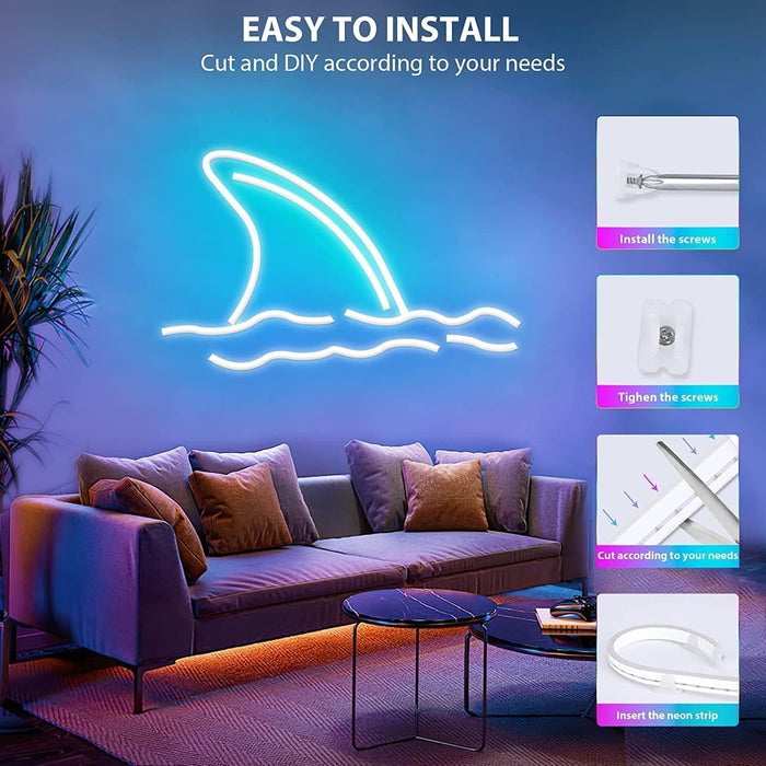 SLNR01 Dotless COB 2.2W/ft 6mmx12mm Smart Bluetooth RGB Neon LED Strip Light DC12V 36W IP65 Outdoor Rated Dimmable Low Voltage Silicone Rope Light with Mounting Clips and Screws
