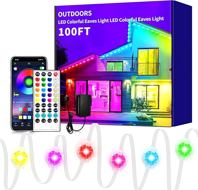Permanent Outdoor Lights,100ft RGB Eave Light with App Control Remote,IP67 Waterproof LED Lights,Music Sync Outside Light for House,Halloween,Roof,Garden,Christmas,Holiday Decoration
