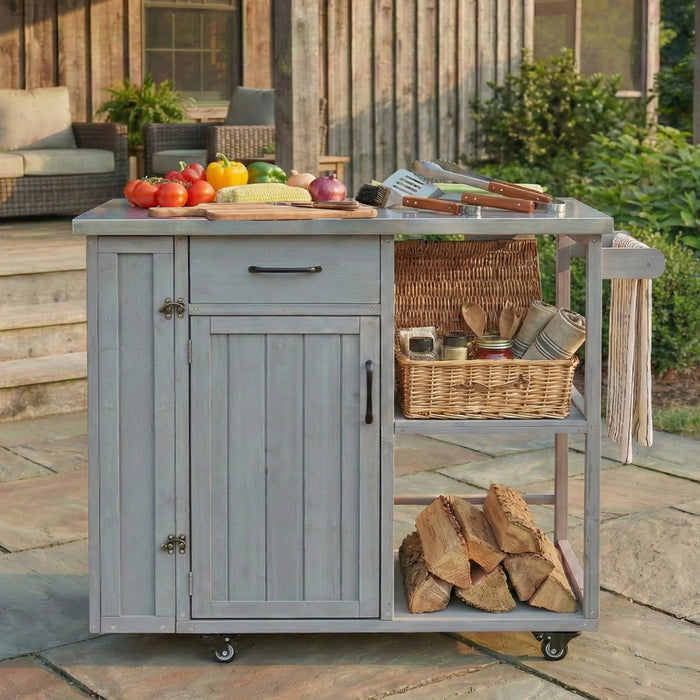 Outdoor Kitchen Island Fir Wood Prep Station with Stainless Steel Top