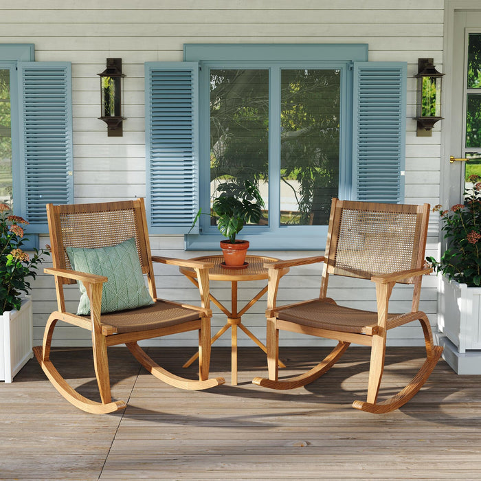 GO 2 Pieces Patio Rocking Chair Set, Acacia Wood Outdoor Rockers with Wicker Rattan Seat & Backrest, Comfortable Garden Porch Chairs for Backyard, Balcony, and Poolside, Natural