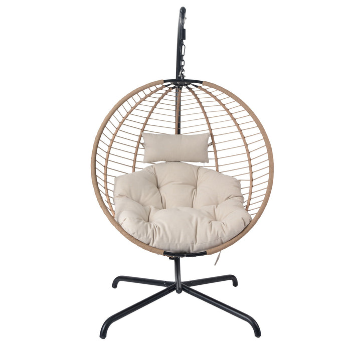 Sora Outdoor Patio Wicker Hanging Chair With Stand - Beige / Brown