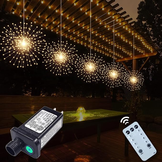 5 Pcs 1000 LED Plug-in Starburst Sphere Lights, Firework 8 Modes Dimmable Remote Control Waterproof Hanging Fairy, Copper Wire for Patio Party Tent Christmas (Warm White)