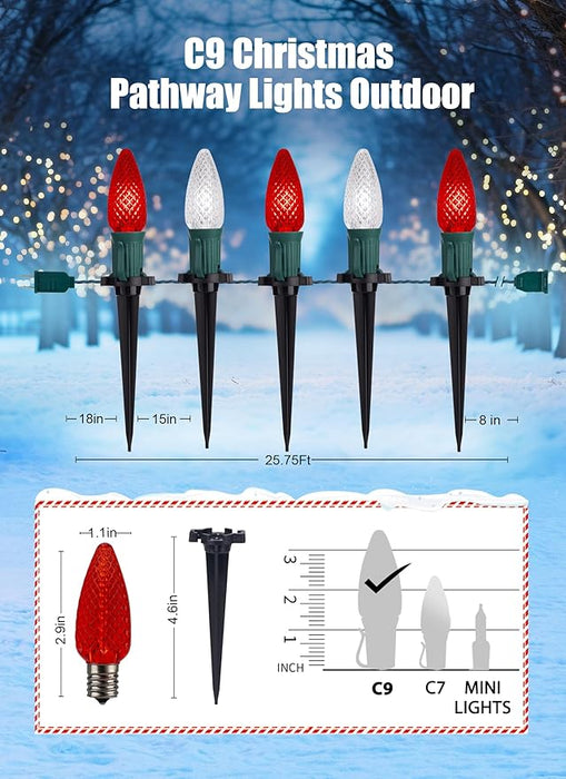 C9 LED Christmas Lights Outdoor with Stakes, 25.7 Feet 20 LED C9 Strawberry String Lights, Connectable Shatterproof Pathway Lights Marker for Path, Lane, Patio, Xmas Holiday Decorations, Red and White