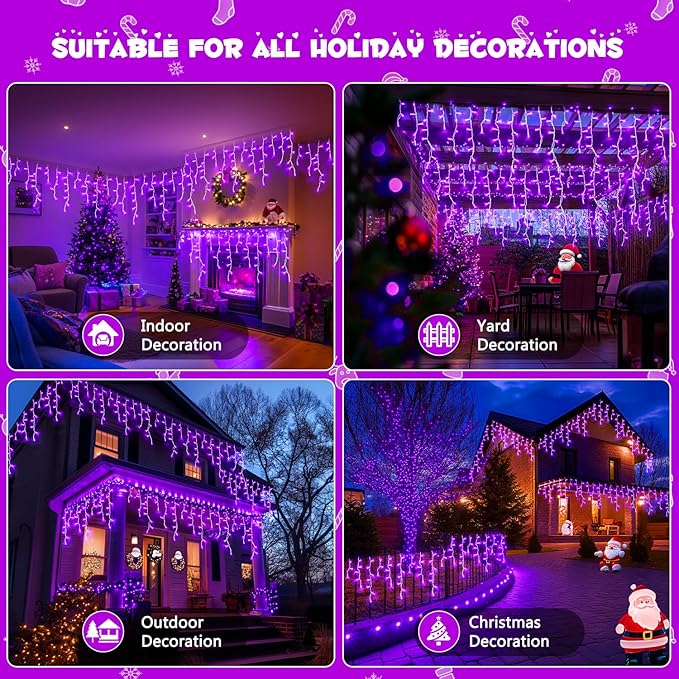 JMEXSUSS 800 LED Purple Icicle Lights Outdoor, Purple Icicle Christmas Lights Indoor Plug in with Remote, Purple Christmas Lights for Outside Fireplace Eave Yard Christmas Decor