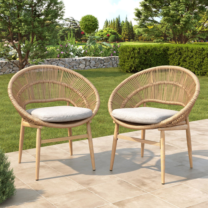 Cyril Outdoor Wicker Papasan Style Dining Chair with Teak Finished Legs - Set of 2