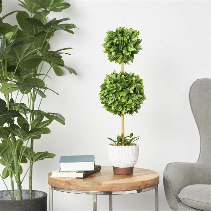 Green Faux Foliage Boxwood Ball Topiary with Realistic Leaves and White Cement Pot