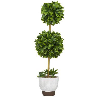 Green Faux Foliage Boxwood Ball Topiary with Realistic Leaves and White Cement Pot