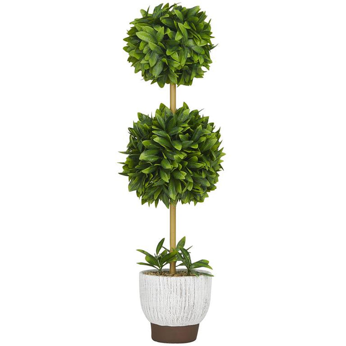 Green Faux Foliage Boxwood Ball Topiary with Realistic Leaves and White Cement Pot