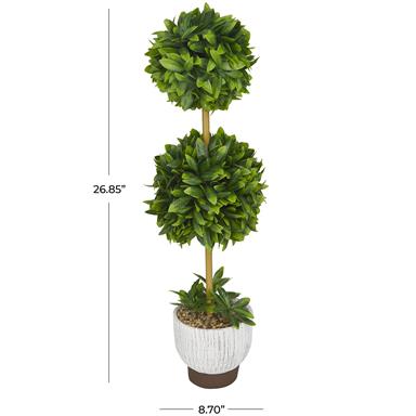 Green Faux Foliage Boxwood Ball Topiary with Realistic Leaves and White Cement Pot