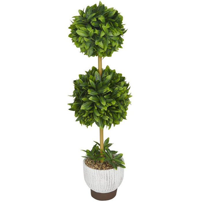 Green Faux Foliage Boxwood Ball Topiary with Realistic Leaves and White Cement Pot