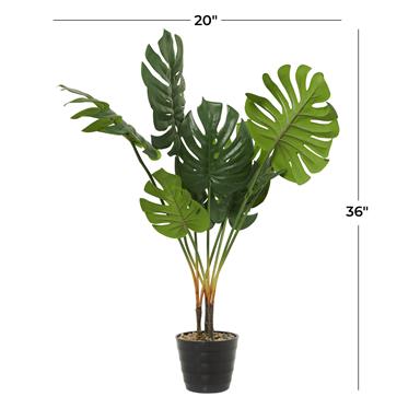 Green Faux Foliage Monstera Artificial Plant with Realistic Leaves and Black Fluted Pot