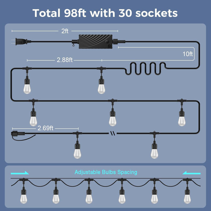 SLR100 LED RGBCWIC Smart Bistro String Lights Color Changing Outdoor Weatherproof 12V Edison Bulbs