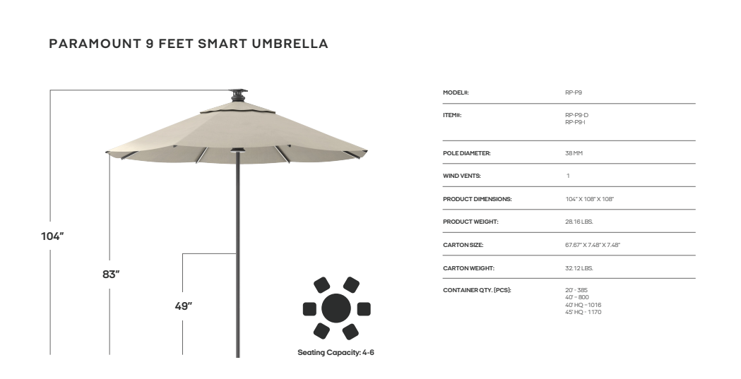 Pasticallo 9' Smart Umbrella - Single Wind Vent