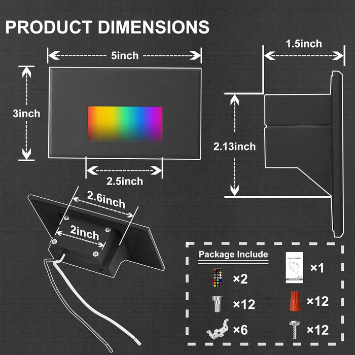 STRA06 6-Pack 4W 12V RGB LED 2700K-6000K. 5-Inches Low Voltage LED Outdoor Deck Lights Package, Step Horizontal Patio Landscape Lights with Remote Control