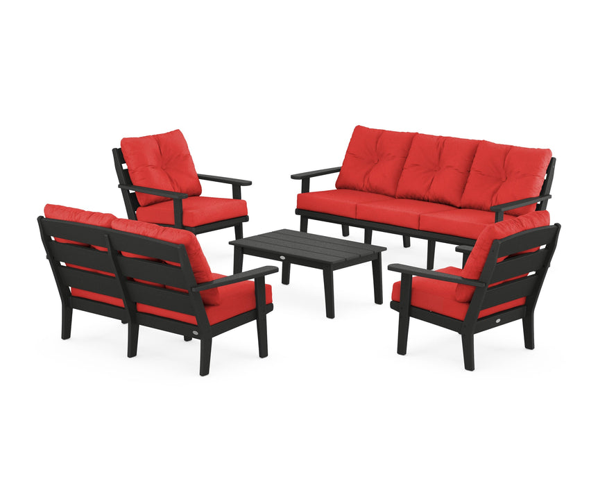 POLYWOOD® Lakeside 5-Piece Lounge Sofa Set in Black / Crimson Linen
