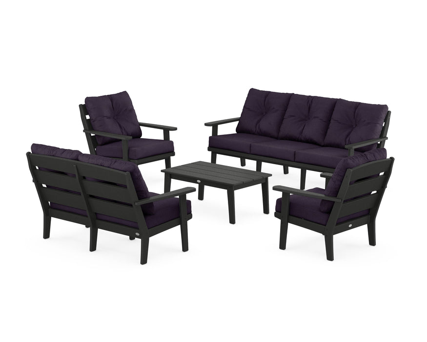POLYWOOD® Lakeside 5-Piece Lounge Sofa Set in Black / Navy Linen