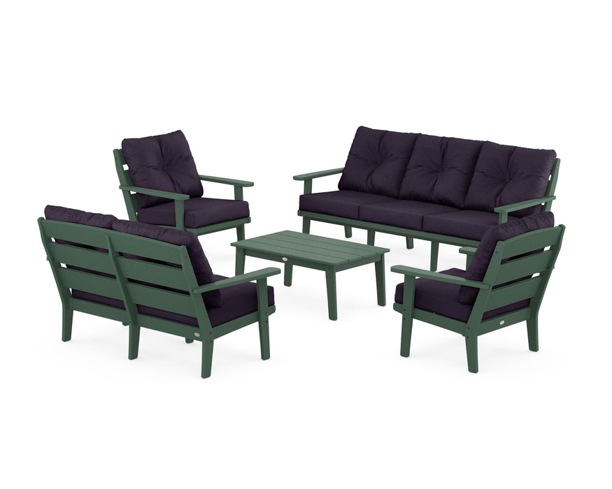 POLYWOOD® Lakeside 5-Piece Lounge Sofa Set in Green / Navy Linen