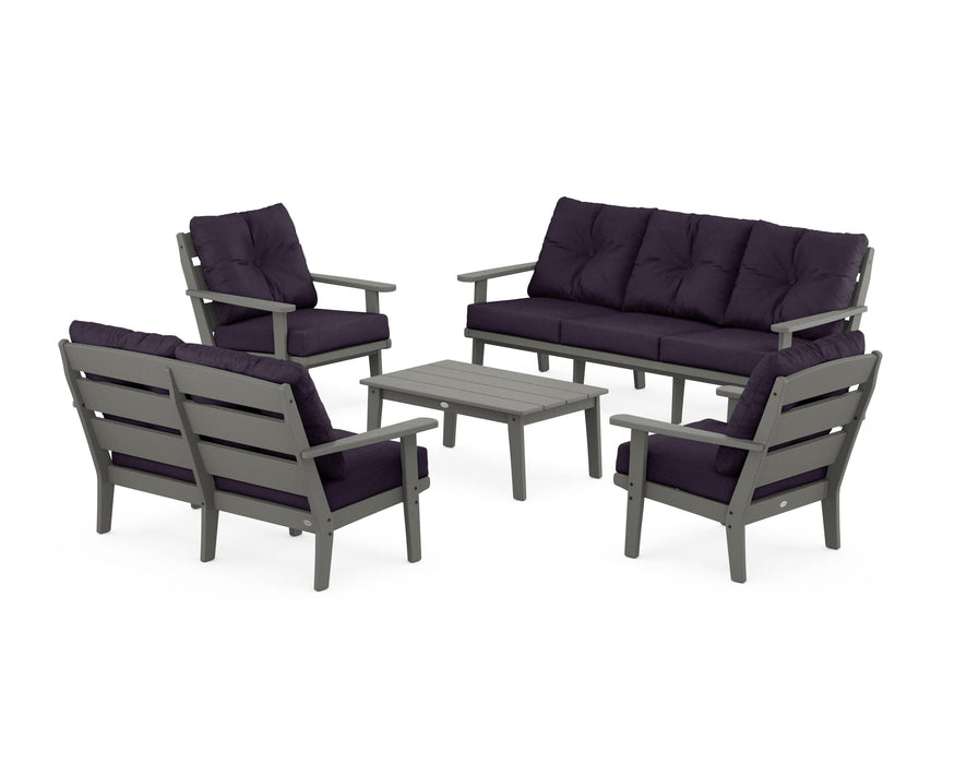 POLYWOOD® Lakeside 5-Piece Lounge Sofa Set in Slate Grey / Navy Linen