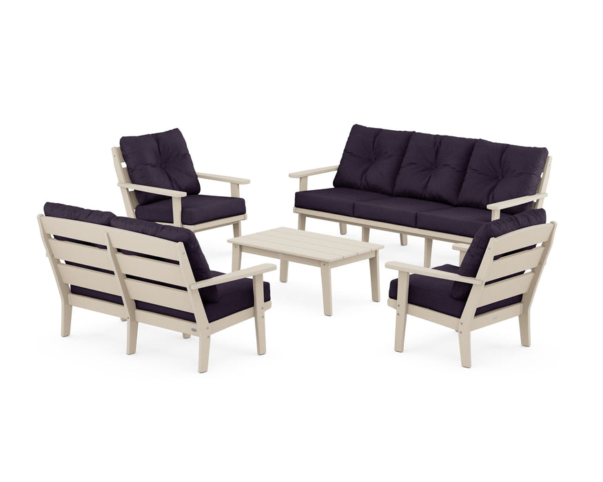 POLYWOOD® Lakeside 5-Piece Lounge Sofa Set in Sand / Navy Linen
