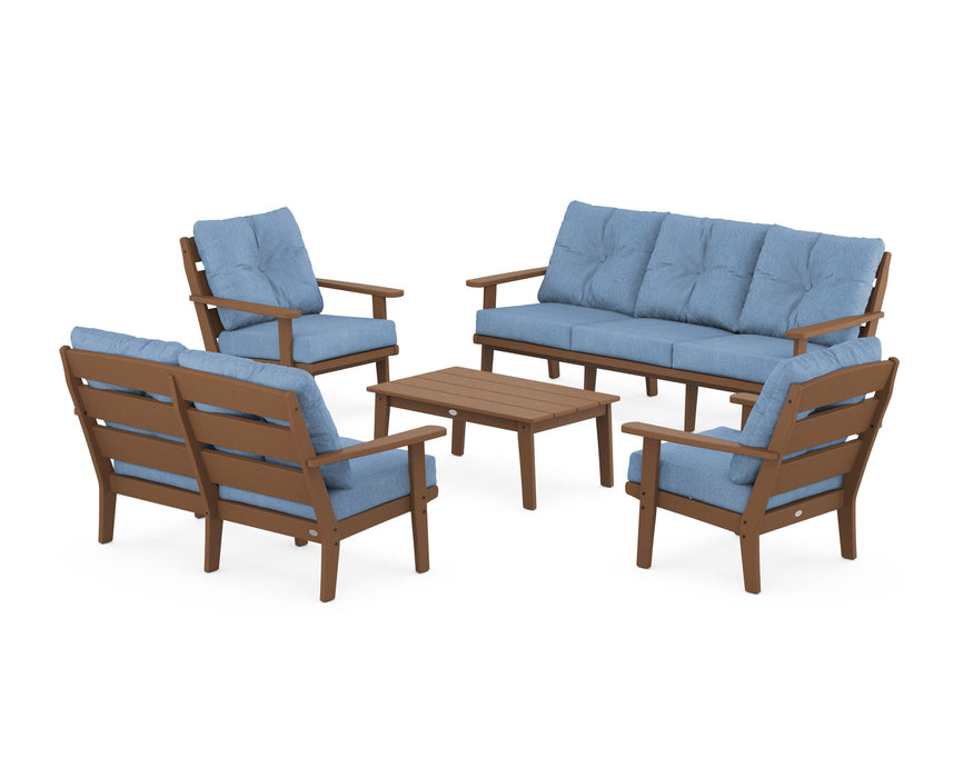 POLYWOOD® Lakeside 5-Piece Lounge Sofa Set in Teak / Sky Blue